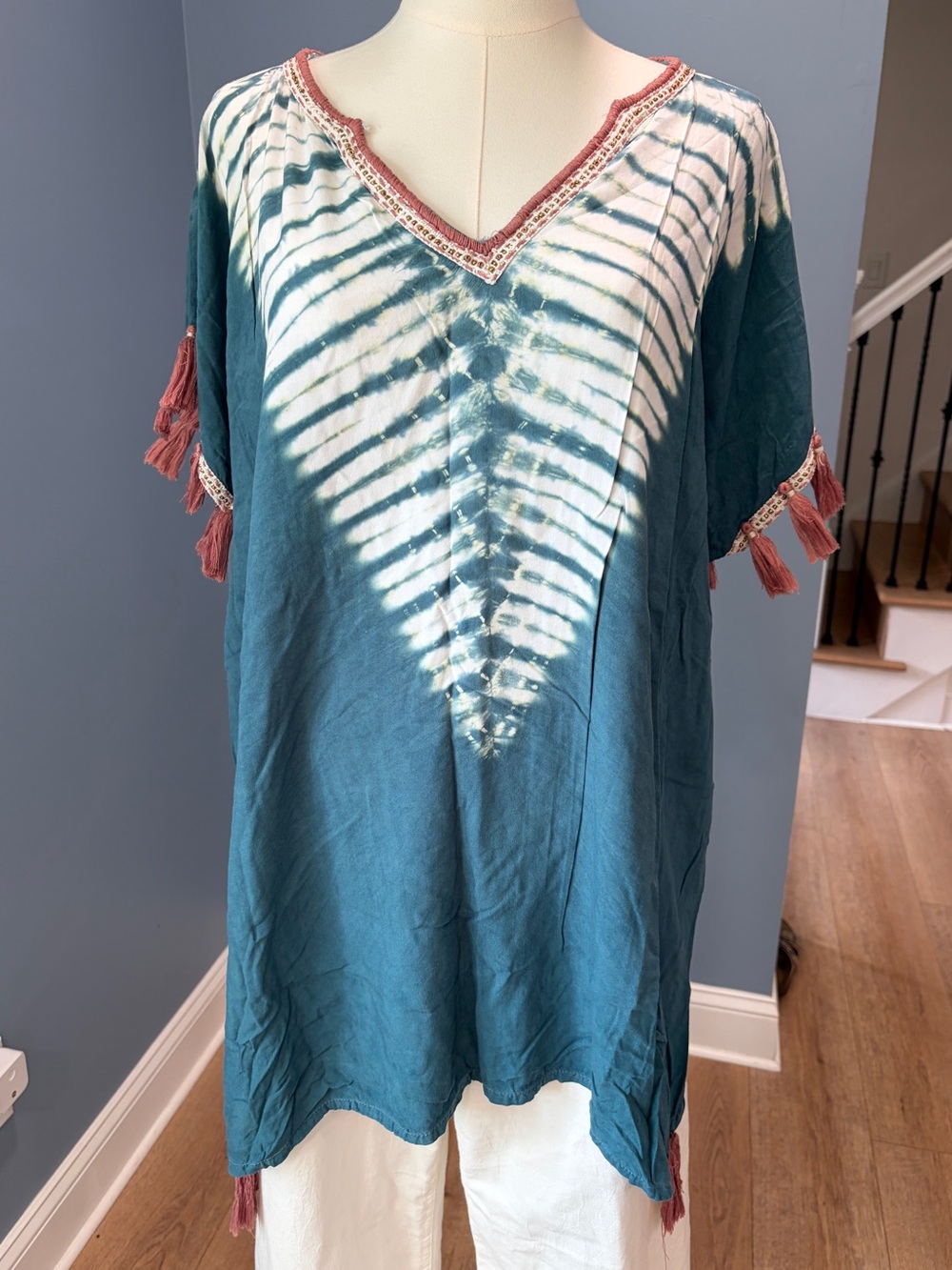 South Moon Under Blue Tie Dye Tassel Trim Boho Tunic Cover-Up Medium